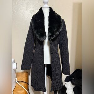Merona Black Textured Trench Coat with Faux Fur Collar